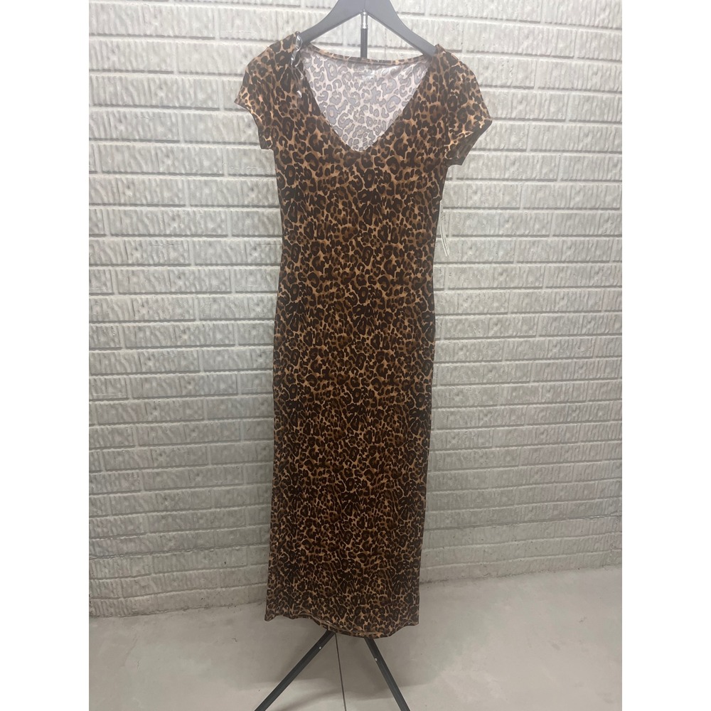 No Boundaries Leopard Print Bodycon Maxi Dress V-Neck Short‎ Sleeve Brown XS 0-2
